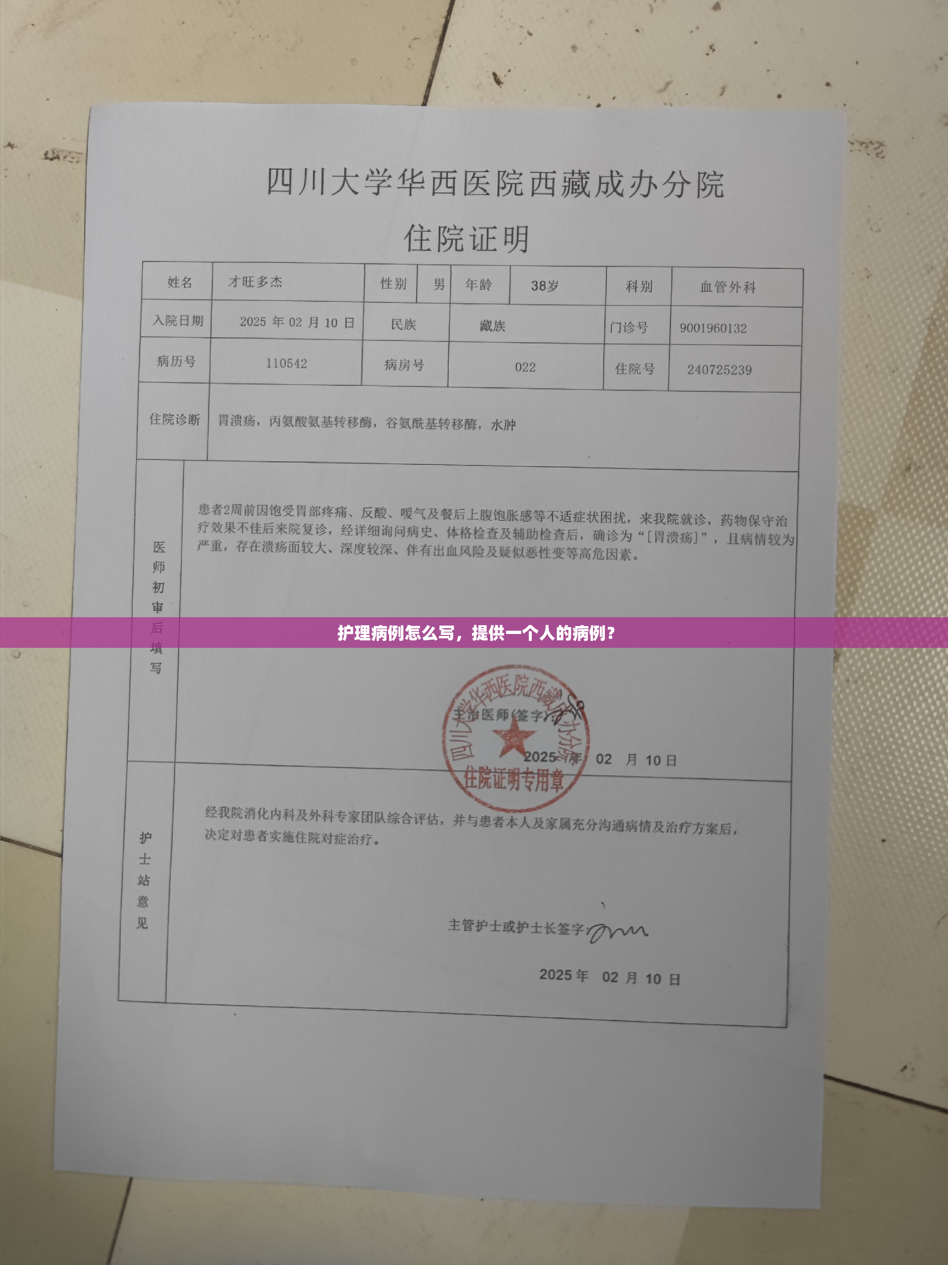  护理病例怎么写，提供一个人的病例？
